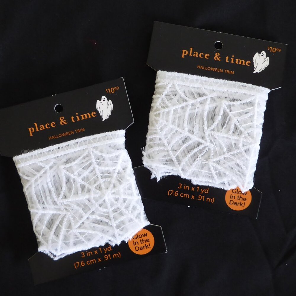 NEW 2 PACKS PLACE & TIME HALLOWEEN GLOW IN THE DARK SPIDER WEB LACE FABRIC TRIM